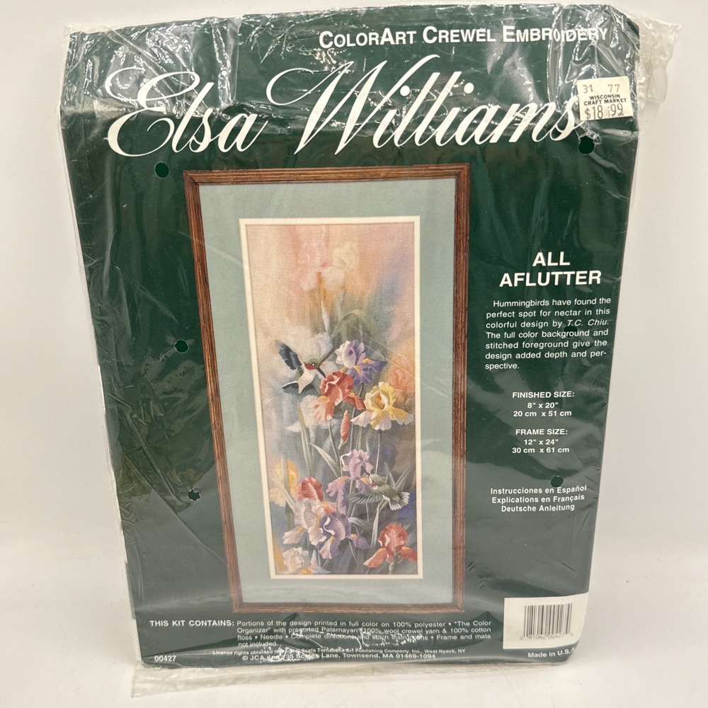 Elsa Williams Crewel Embroidery Kit All Aflutter Hummingbird Iris 8x20 00427